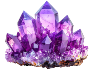 A cluster of radiant, faceted purple crystals on a rough mineral base