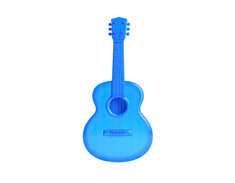 A glowing, blue acoustic guitar isolated against a stark, black background - Powered by Adobe