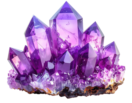 A cluster of radiant, faceted purple crystals on a rough mineral base - Powered by Adobe