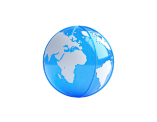 A glossy, spherical representation of the Earth, white continents on a blue globe