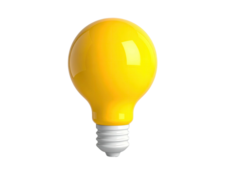 A shiny, yellow lightbulb with a white base, isolated against a black backdrop