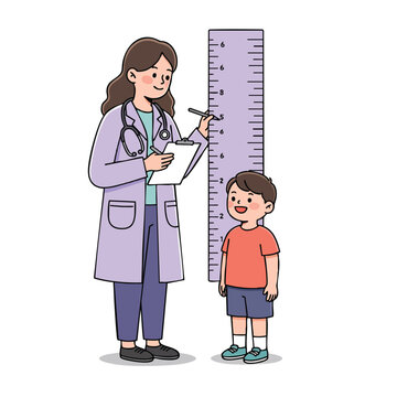  a female pediatrician measuring a child&rsquo;s height with a height chart, doctor wearing a lilac medical coat and holding a clipboard.