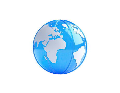 A glossy, spherical representation of the Earth, white continents on a blue globe