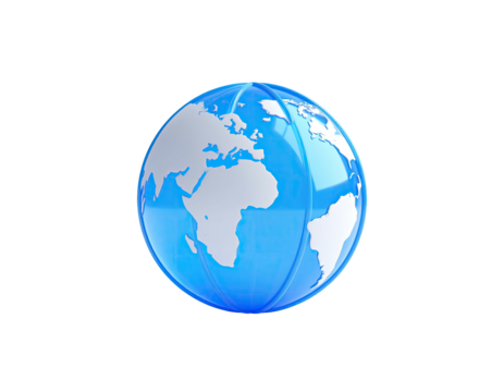 A glossy, spherical representation of the Earth, white continents on a blue globe