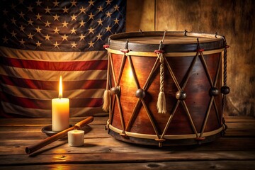 Naklejka premium Colonial drum and candle with american flag