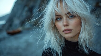 Fototapeta premium Striking woman with platinum blonde hair and blue eyes in black turtleneck outdoors by rocky coastline