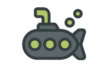 Fototapeta premium Minimalist dark gray submarine icon with bright green details and rising air bubbles