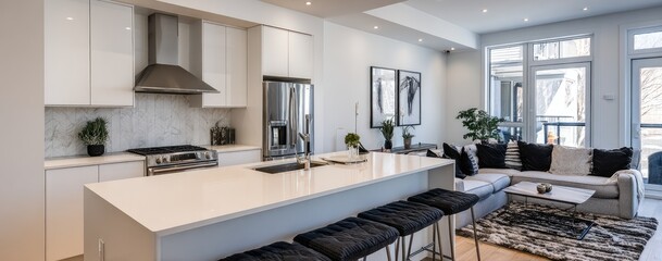 Bright, modern kitchen and living area with open concept design