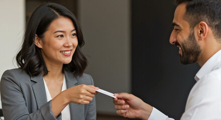 Asian woman exchanging business card with middle eastern man during meeting. Business card presented in office with smiling, professional demeanor and formal attire.