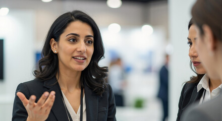 Smiling hispanic woman explains something at conference, surrounded by colleagues. Conference atmosphere inspires successful communication and presentations.