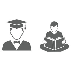 Creative design vector art of two icons representing education and learning, one of a graduate with a cap and gown, the other of a person reading a book