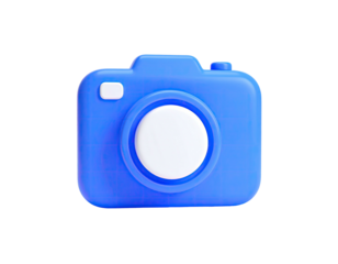 3D-rendered, blue camera icon with a white lens and viewfinder, isolated
