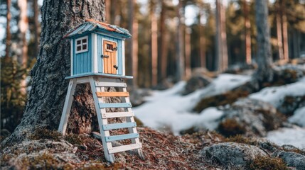 Miniature treehouse on stilts with ladder, nestled beside a tree in a forest with snow patches. Fairytale fantasy in nature.