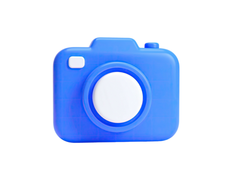 3D-rendered, blue camera icon with a white lens and viewfinder, isolated