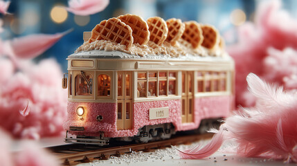 Miniature pink tram decorated with waffles and cream travels along a whimsical candy-themed railway.
