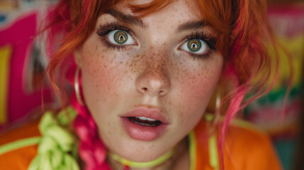 Portrait of a freckled girl with bright eyes, surprised expression, vivid neon color tones.
