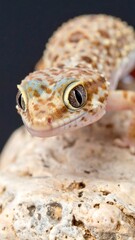 Close-up of a small gecko on a light-colored rock.  The gecko is light brown and beige with darker speckles. Its eyes are large and prominent