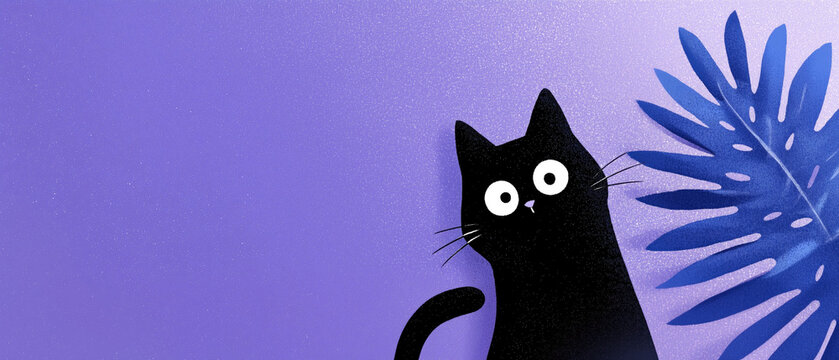 Illustration of a curious black cat with wide eyes next to a large blue leaf on a purple background. Minimalist cartoon style with playful expression and clean design