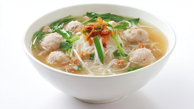 Thai noodle soup with pork and meatballs (Kuay Tiew Moo), white background
