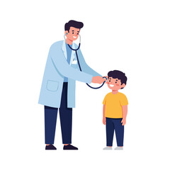Obraz premium a male pediatrician wearing light blue coat and dark navy pants, using a stethoscope to check a child’s heartbeat, the child smiling and wearing a yellow T-shirt, doctor bending slightly