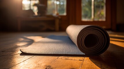 Unrolled yoga mat bathed in warm golden sunlight on a rustic wooden floor, inviting practice