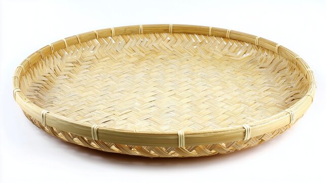 Thai rice winnowing basket (Kradong) flat round bamboo design, white background