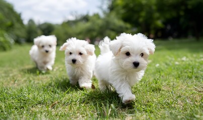 A group of cute small white dogs playing in a green grass field on a beautiful sunny day