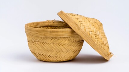 Fototapeta premium Traditional Thai woven rice basket (Krathip Khao) with lid, bamboo material, white background