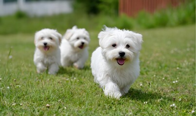 A group of cute small white dogs playing in a green grass field on a beautiful sunny day
