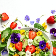 Colorful salad with edible flowers and fresh fruit