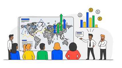 Obraz premium Colorful Minimalist Line Art of Employees Analyzing Global Finance Trends and Startup Founder Pitching to Investors with Bar Charts and Dollar Signs in Clean Corporate Style
