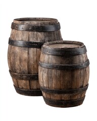 Two aged wooden barrels, one larger than the other, with dark metal bands, show wear and texture against a white background