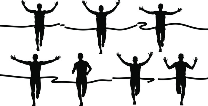 Runner silhouette illustration set, finish line moment, victory pose, athletic achievement, race completion, vector design