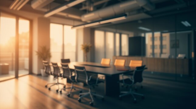 blurred background of a modern office interior with panoramic windows and beautiful lighting, Blurred office meeting room