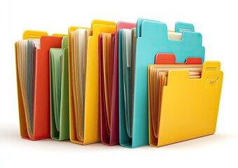 Colorful file folders, various sizes and hues, standing upright, filled with papers, isolated on white