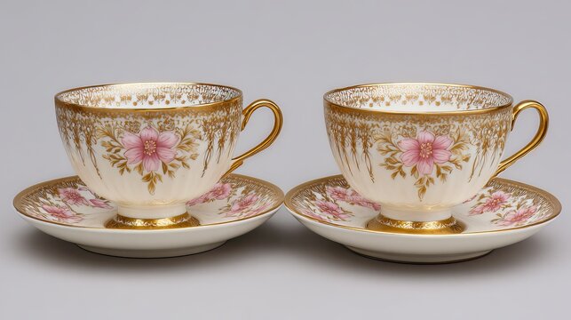 Elegant porcelain teacups with delicate pink floral accents and opulent gold trim, perfect for luxury settings.