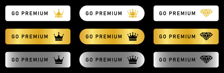 Collection of premium call‑to action buttons in gold and silver gradients with crown and diamond icons, perfect for pricing pages, memberships, subscriptions, ecommerce, and app UI clean modern vector
