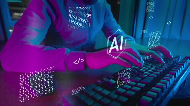 Computer coding prompt cyber security futuristic artificial intelligence in business finance, AI-powered analyze big data, showing charts and performance metrics for strategic planning.