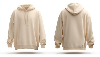 Cream-colored hoodie shown front and back, simple design, long sleeves, drawstring hood