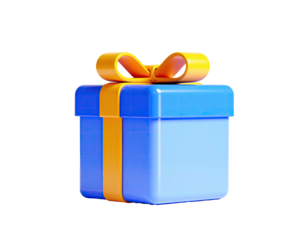 A 3D-rendered blue gift box with a yellow ribbon and bow, isolated on black
