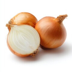Two whole onions, one halved, against white