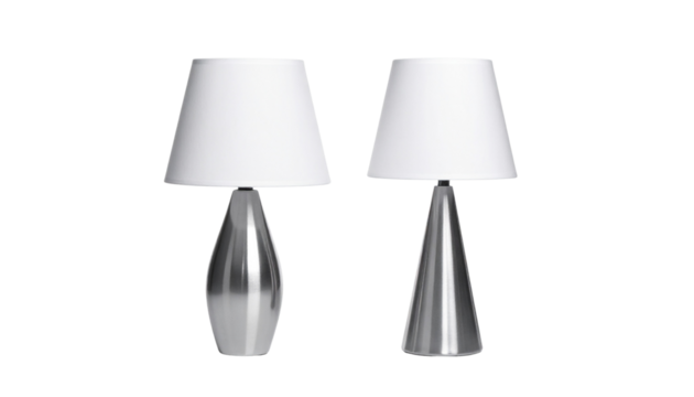 Two silver lamps with white lampshades, isolated on transparent background