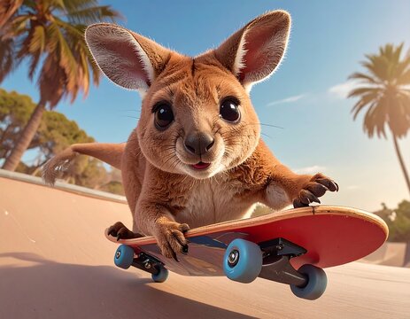A joey kangaroo on a skateboard, in a skatepark setting, with palm trees