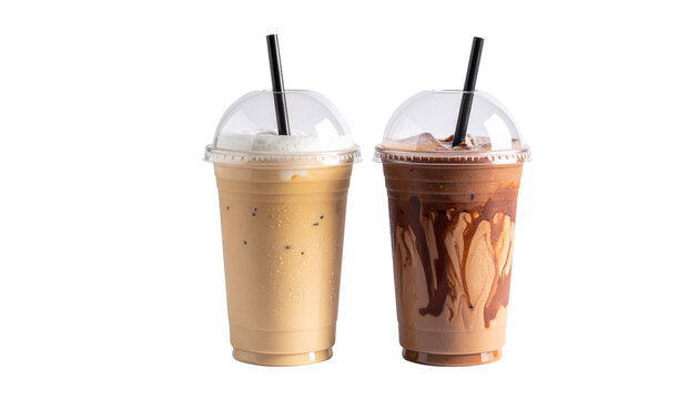 Two smoothie latte variations in clear plastic cups, isolated on transparent background