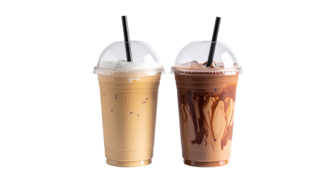 Two smoothie latte variations in clear plastic cups, isolated on transparent background