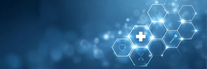 Abstract digital interface of glowing hexagonal cells with medical icons, depicting interconnected healthcare data, telemedicine diagnostics and advanced health technology on blue background