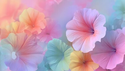 Soft-focus pastel flowers, various shades of pink, orange, and blue, create a dreamy floral background