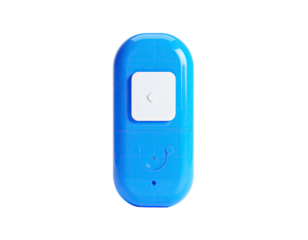 A vertical, rounded blue device with a white square button on a black background
