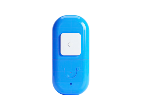 A vertical, rounded blue device with a white square button on a black background