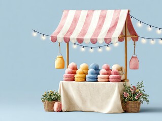 A charming candy stall adorned with pastel cotton candy, inviting sweetness and nostalgia in a vibrant setting.
